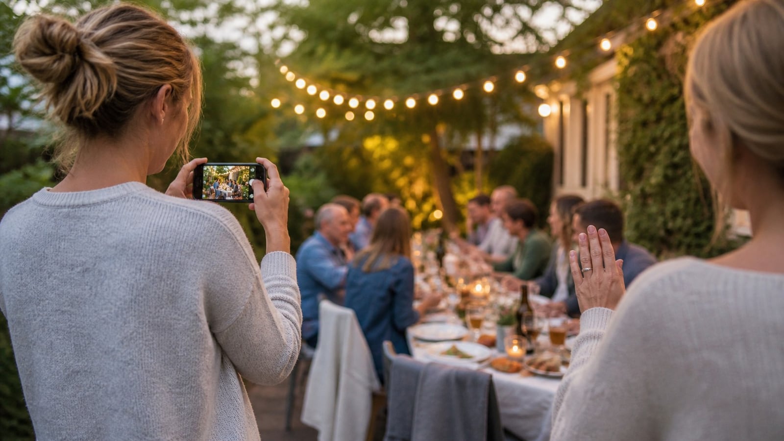 Blank inbjudan och smartphone på ett välkomnande dukat bord