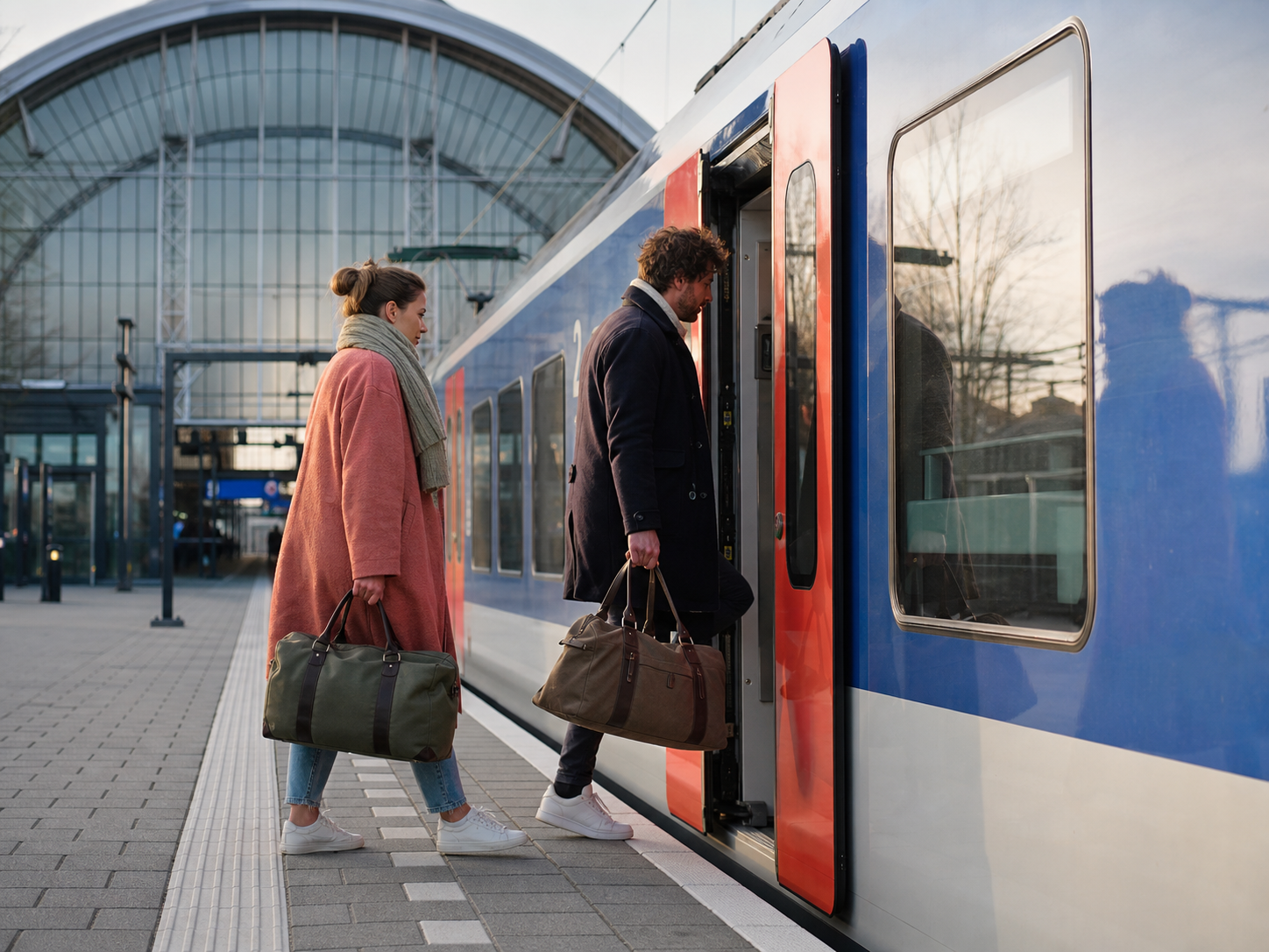 Twee reizigers met kleine weekendtassen stappen op een Nederlands station in de trein