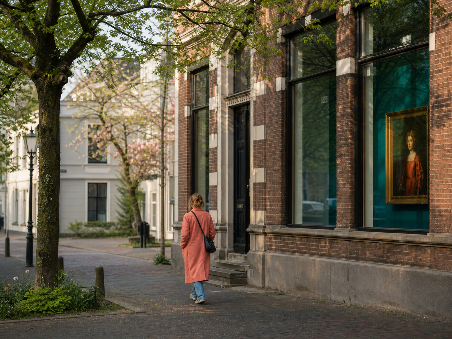 Een bezoeker loopt op zaterdagochtend een klein museum met een bakstenen gevel binnen