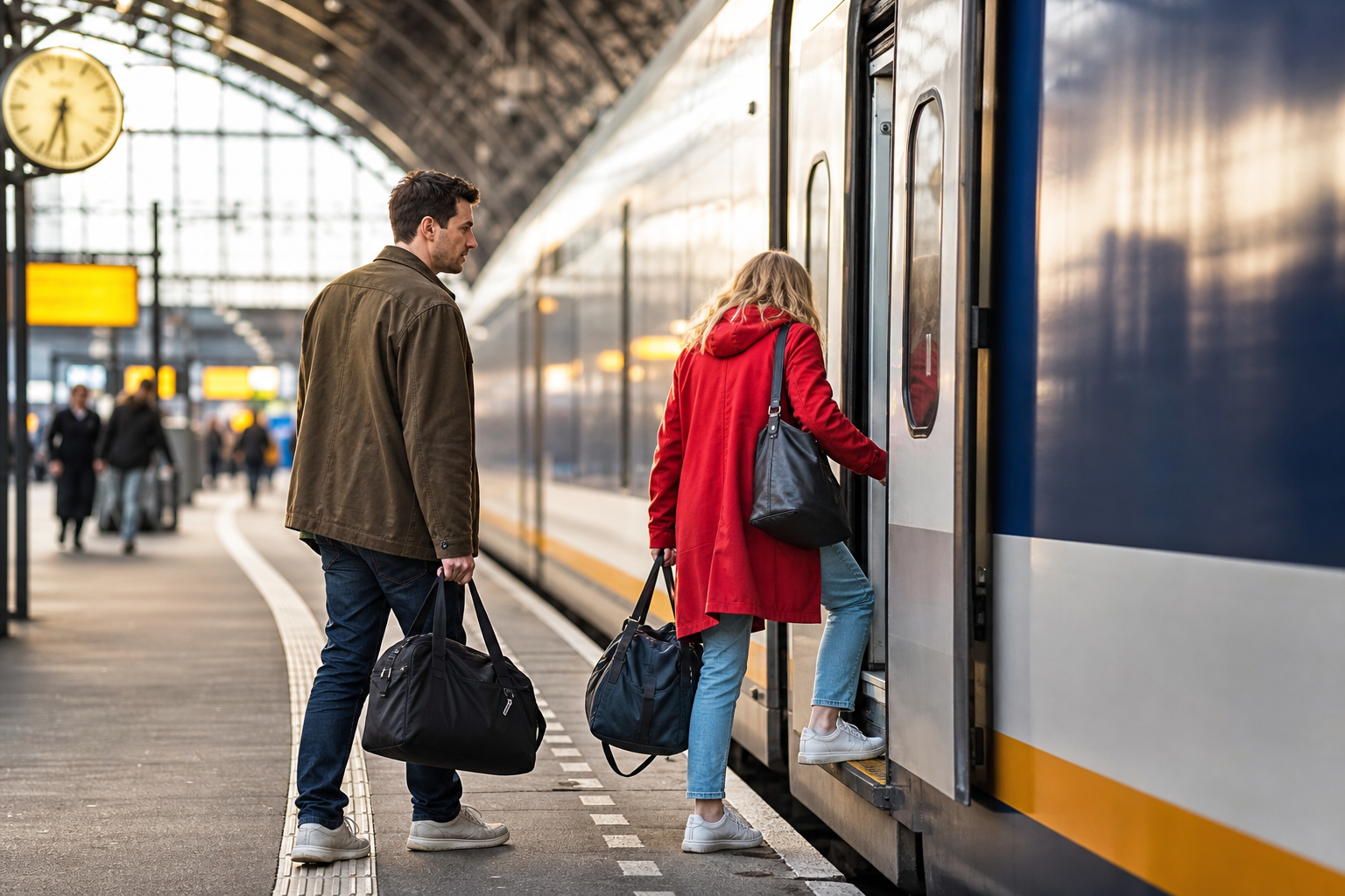 Twee reizigers met kleine weekendtassen stappen op een Nederlands station in de trein
