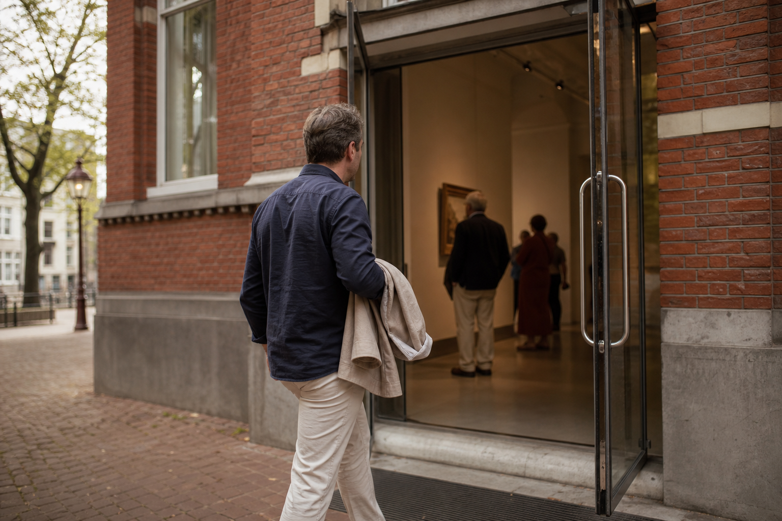 Een bezoeker loopt op zaterdagochtend een klein museum met een bakstenen gevel binnen